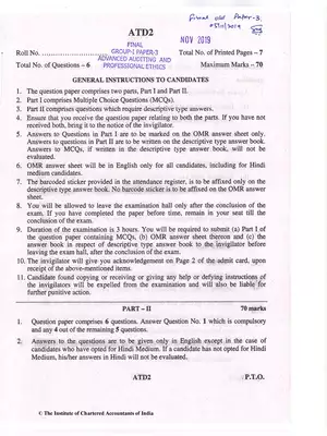 CA Final (OLD) Advanced Auditing and Professional Ethics Question Paper Nov 2019