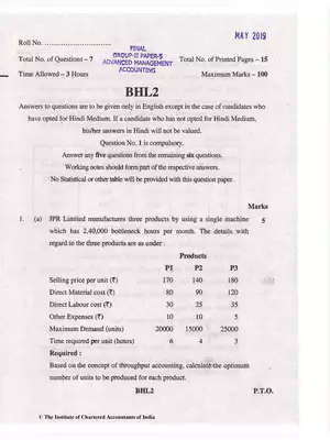 CA Final (OLD) Advanced Management Accounting Question Paper May 2019