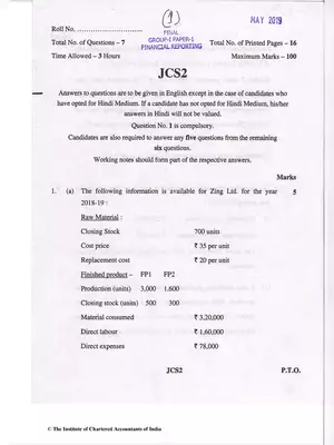 CA Final (OLD) Financial Reporting Question Paper May 2019