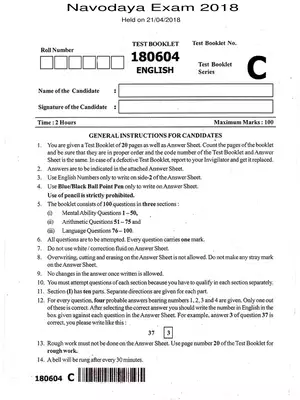 JNVST Class 6 Previous Year Question Paper with Solutions 2018