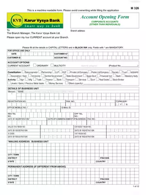 Karur Vysya Bank Corporate Account Opening Form