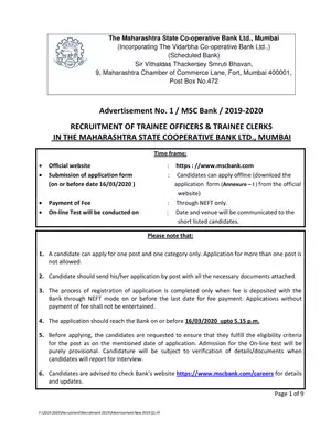 MSCB Bank Clerk Recruitment 2020 Notification