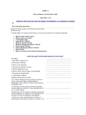 Rangareddy Telangana Application Form for Grant or Renewal of Learners Licence
