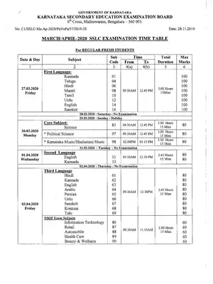 SSLC Board Examination Time Table 2020 Karnataka