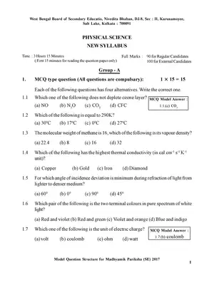 WBBSE Madhyamik Class 10 Physical Science Model Paper 2020