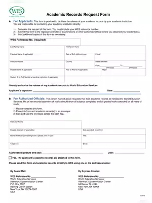 World Education Services (WES) Academic Records Request Form