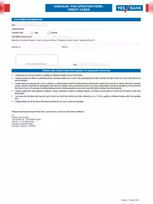 YES Bank Aadhaar/PAN Updation Form