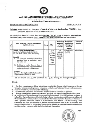 AIIMS Patna Medical Record Technician Recruitment 2020