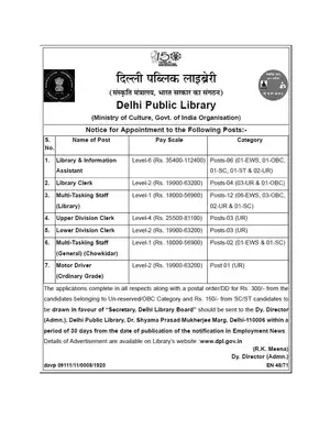 Delhi Public Library Recruitment 2020 Notification