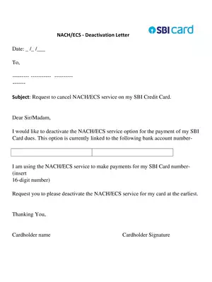 SBI Credit Card NACH / ECS Service Deactivation Letter