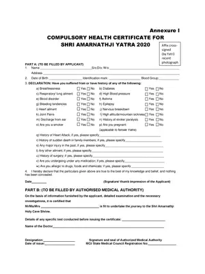 Shri Amarnathji Yatra Health Certificate Form 2020