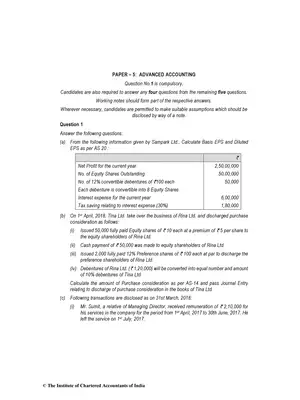 CA Inter (New) Advanced Accounting Question Paper Nov 2018