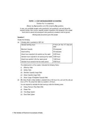 CA Inter (New) Cost & Management Accounting Question Paper May 2019