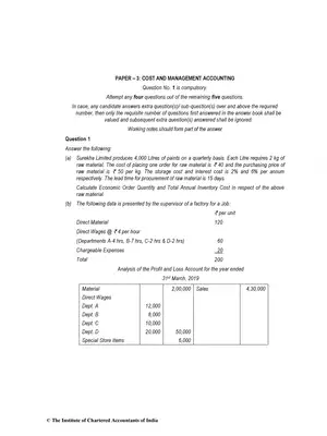 CA Inter (New) Cost & Management Accounting Question Paper Nov 2019