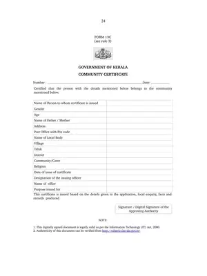 Kerala Community Certificate Form