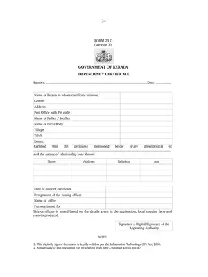 Kerala Dependency Certificate Form