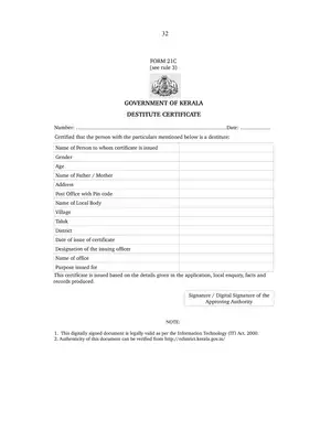 Kerala Destitute Certificate Form