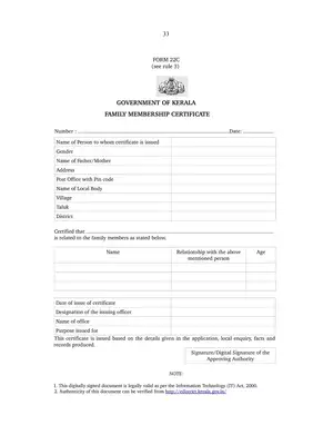 Kerala Family Membership Certificate Form