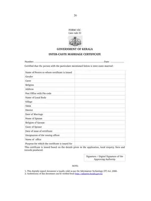 kerala Inter Caste Marriage Certificate Form