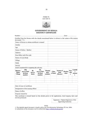 Kerala Solvency Certificate Form