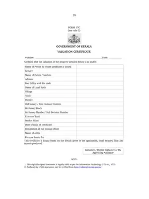 Kerala Valuation Certificate Form