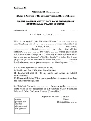UPSC EWS Certificate Proforma Form