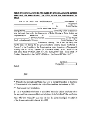 UPSC OBC Certificate Proforma Form