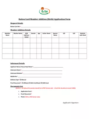AP Meeseva Ration Card Member Addition (Birth) Form PDF