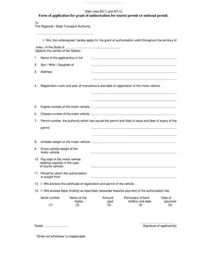 Application for Grant of Authorization for Tourist Permit or National Permit