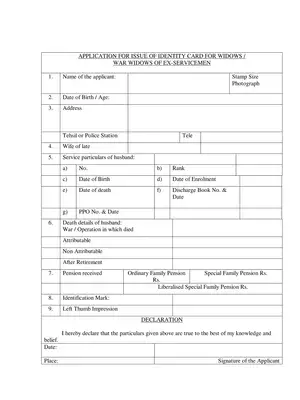 Application Form Issue of Identity Card for Widows, War Widows of Ex-Servicemen Tamil Nadu