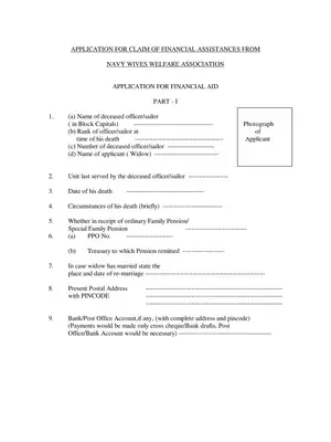 Claim of Financial Assistance from Navy Wives Welfare Association Application Form