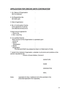 Creche Units Continuation Application Form Tamil Nadu