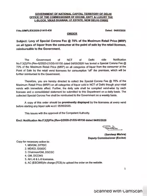 Delhi 70% Corona Fee on Liquor Notification / Order
