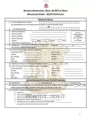 Delhi SC/ST Certificate Application Form
