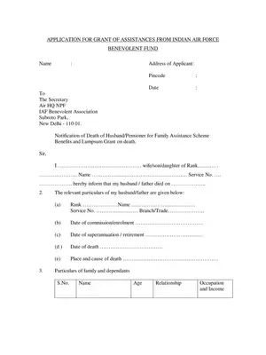 Grant of Assistance from Indian Air Force Benevolent Fund Application Form
