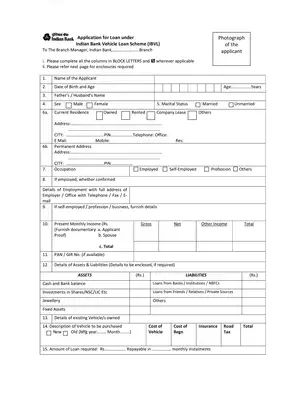 Indian Bank Vehicle (New & Old) Loan Form