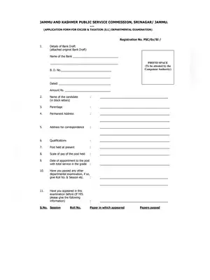 J&K Excise & Taxation (S.I) Departmental Examination Form