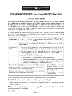 PNB Bank FATCA / CRS Self Certification / Declaration for Individuals