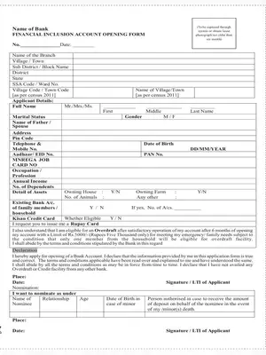 Pradhan Mantri Jan Dhan Yojana (PMJDY) Application Form