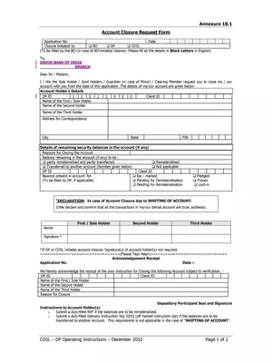 Union Demat Account Closure Request Form