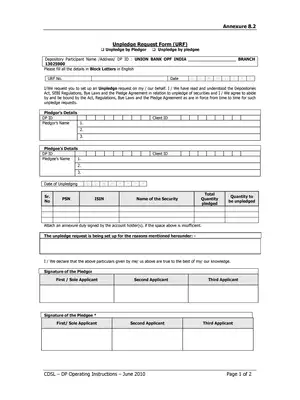 Union Demat Account Unpledge Request Form (URF)