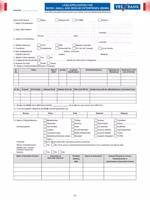 Yes Bank Loan for MSME / SME Application Form PDF