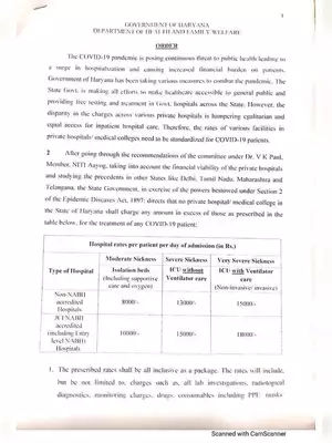 Haryana Corona Treatment Rates/Notification