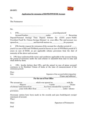 Post Office RD/TD/PPF/SCSS Account Extension Form