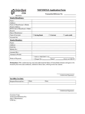 Union Bank of India RTGS Form PDF