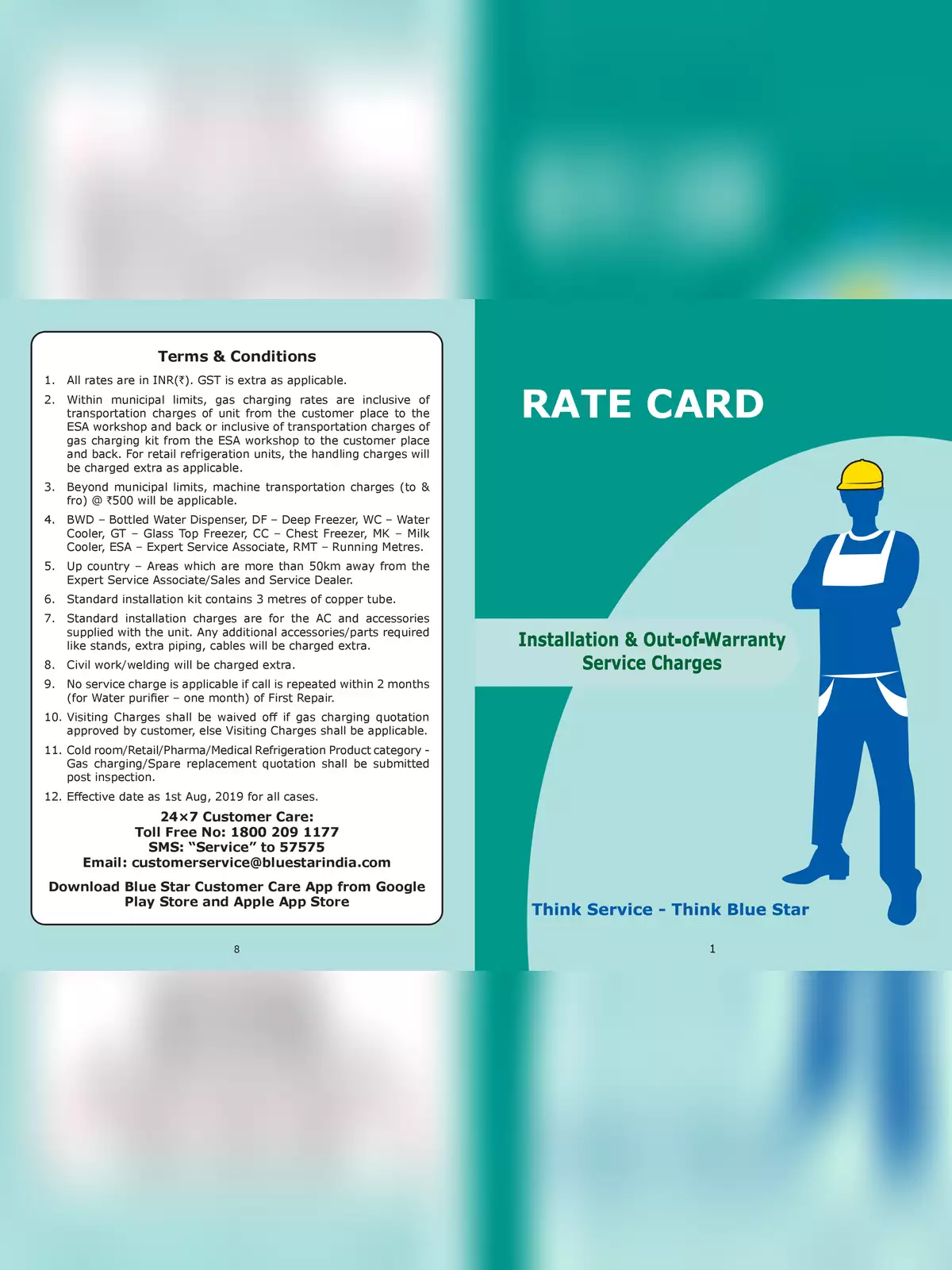 Blue Star AC Services Rate Card