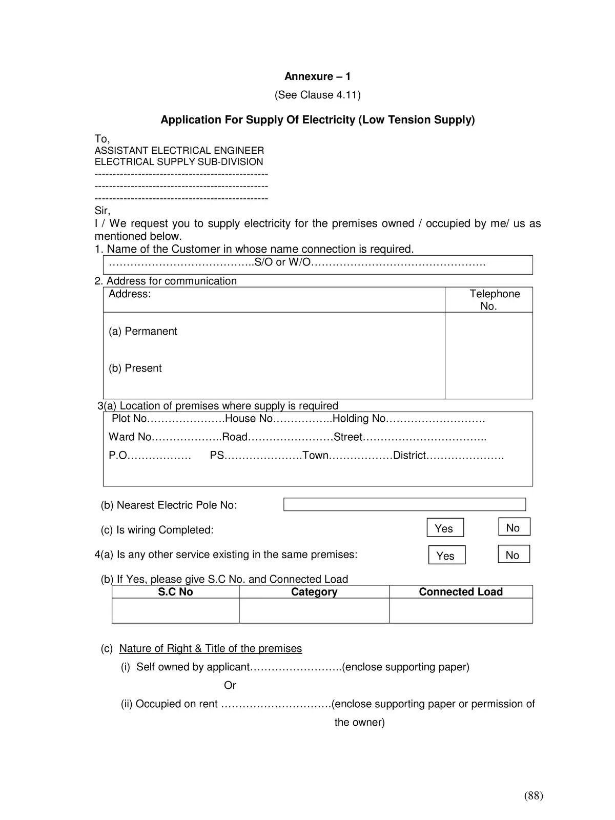 BSPHCL New Electricity Connection Form (Low Tension Supply)
