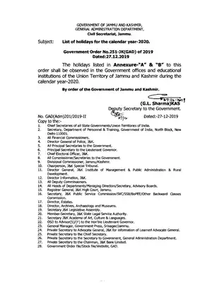 Jammu & Kashmir Holidays List 2020