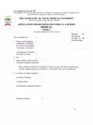 MGR University Under Graduate (UG) Courses Form