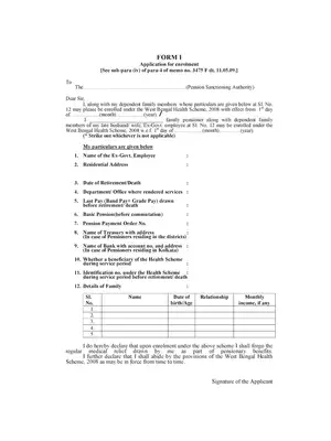 West Bengal Health Scheme Application Form (Pensioners Enrollment)